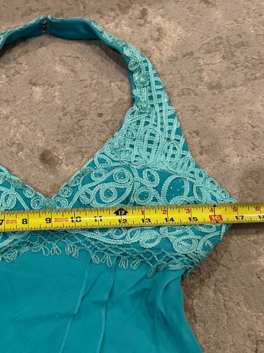 Sue Wong 100% Silk Y2K Turquoise Teal Crochet Flowy Top Fairy Art Deco Halter 1 - Picture 6 of 15